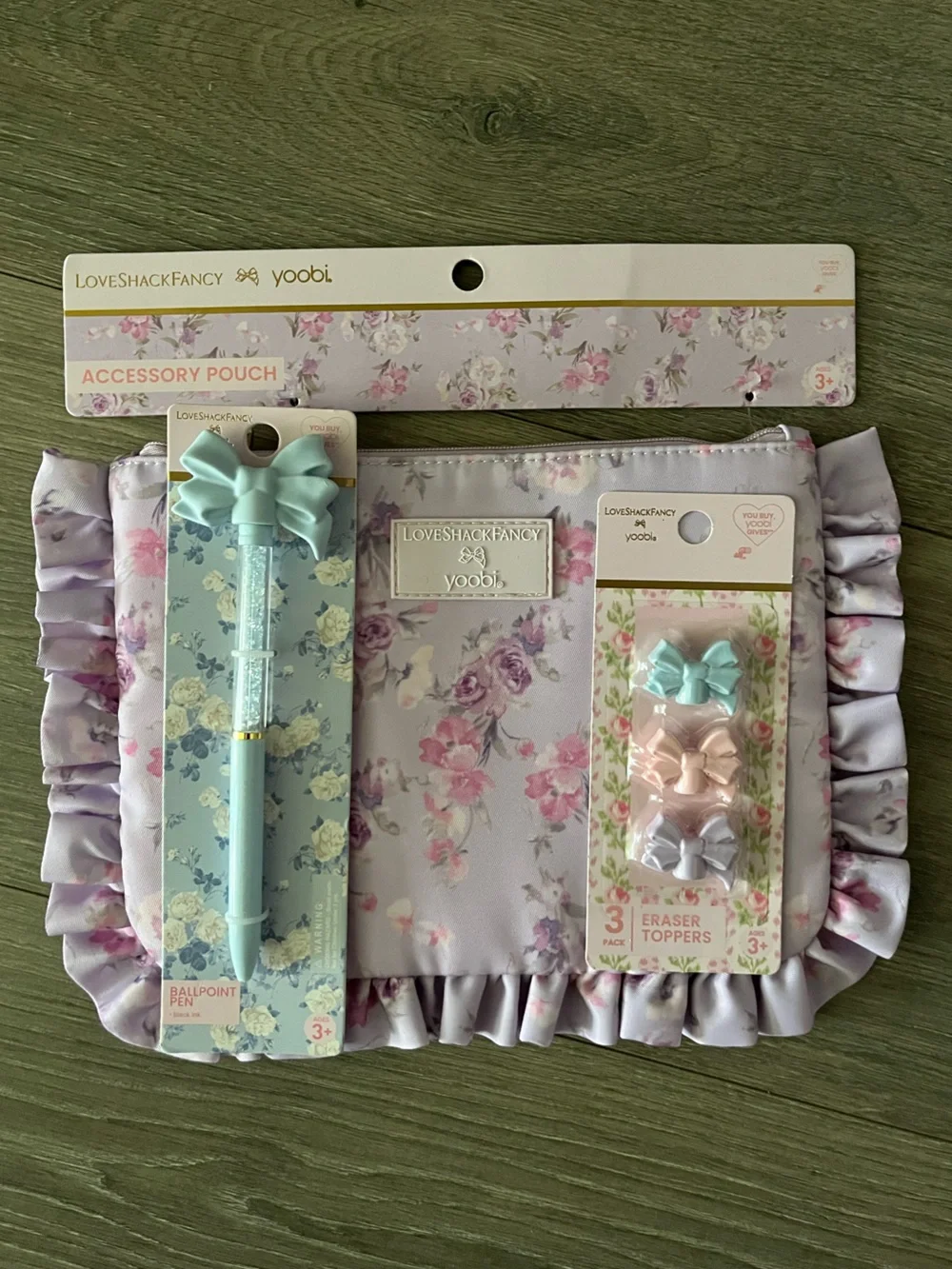 NWT Target x LoveShackFancy Girls Floral Ruffle Pouch, Pen and Eraser Bundle